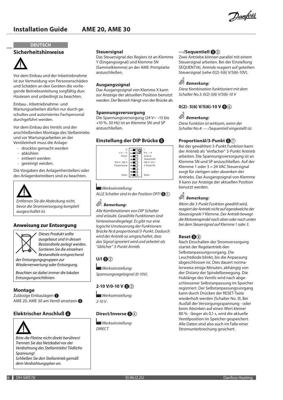 Installation guide ame 20, ame 30, Sicherheitshinweise | Danfoss AME 30 User Manual | Page 6 / 24