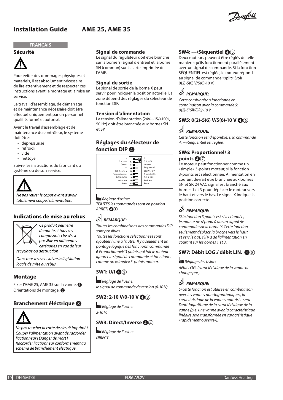 Installation guide ame 25, ame 35, Sécurité, Indications de mise au rebus | Montage, Branchement éléctrique, Réglages du sélecteur de fonction dip, Signal de commande, Signal de sortie, Tension d’alimentation, Sw1: u/i | Danfoss AME 35 User Manual | Page 10 / 28