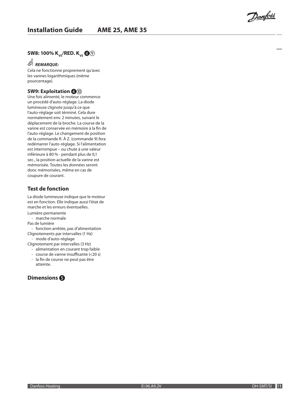 Installation guide ame 25, ame 35, Test de fonction, Dimensions | Danfoss AME 35 User Manual | Page 11 / 28