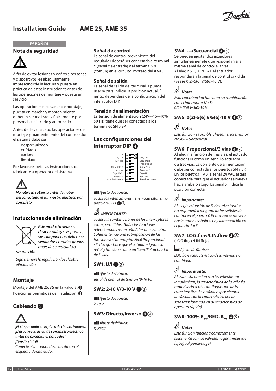 Installation guide ame 25, ame 35, Nota de seguridad, Instucciones de eliminación | Montaje, Cableado, Las configuarciones del interruptor dip | Danfoss AME 35 User Manual | Page 12 / 28