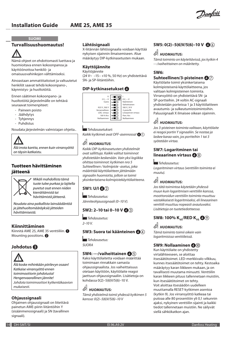 Installation guide ame 25, ame 35, Turvallisuushuomautus, Tuotteen hävittäminen jätteenä | Kiinnittäminen, Johdotus | Danfoss AME 35 User Manual | Page 14 / 28