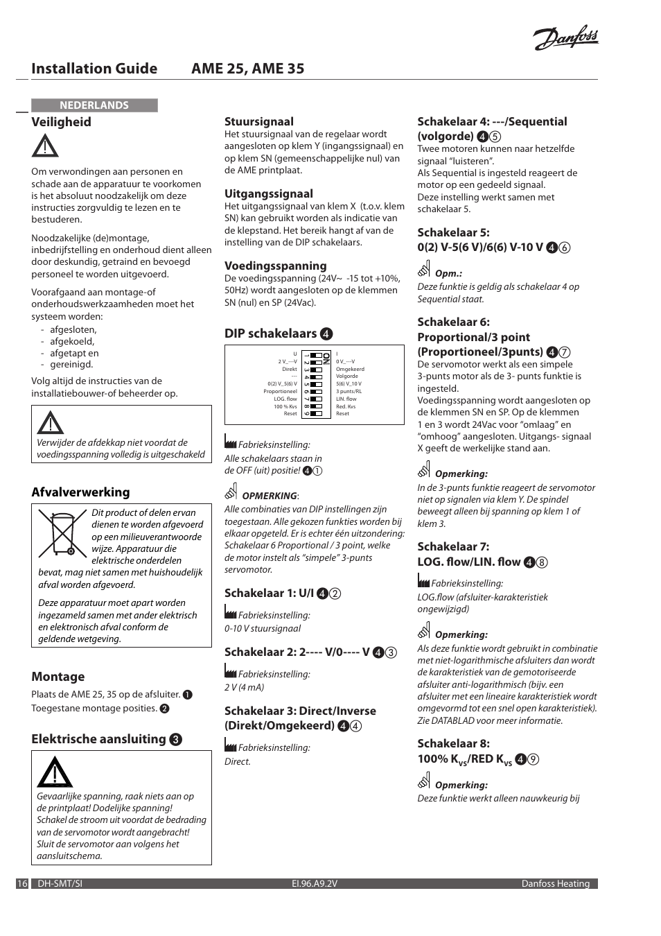 Installation guide ame 25, ame 35, Veiligheid, Afvalverwerking | Montage, Elektrische aansluiting, Dip schakelaars | Danfoss AME 35 User Manual | Page 16 / 28