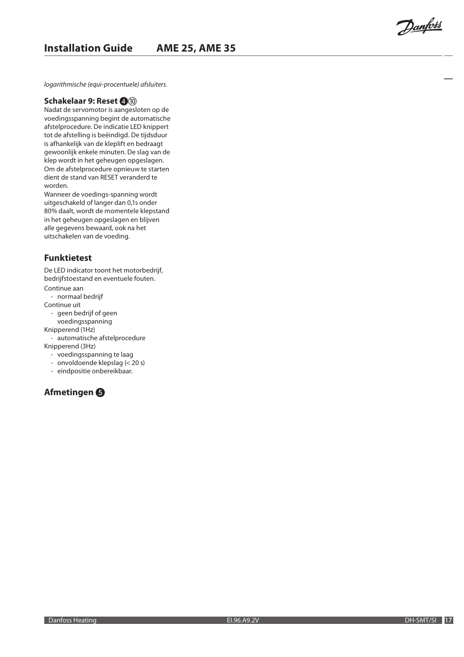 Installation guide ame 25, ame 35, Funktietest, Afmetingen | Danfoss AME 35 User Manual | Page 17 / 28