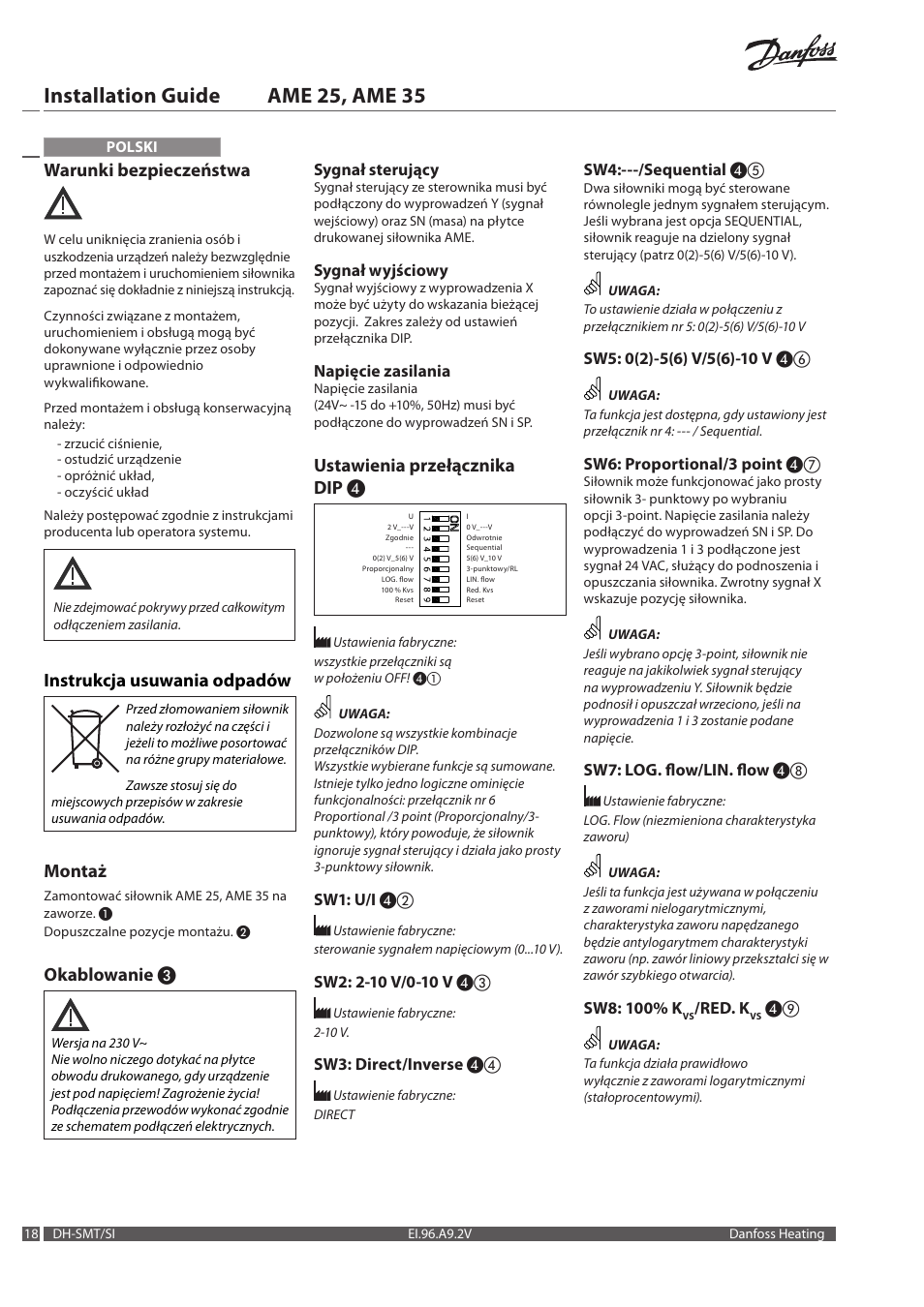 Installation guide ame 25, ame 35, Warunki bezpieczeństwa, Instrukcja usuwania odpadów | Montaż, Okablowanie, Ustawienia przełącznika dip | Danfoss AME 35 User Manual | Page 18 / 28