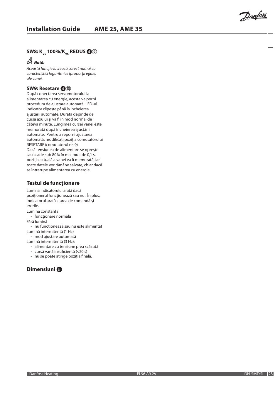 Installation guide ame 25, ame 35, Testul de funcţionare, Dimensiuni | Danfoss AME 35 User Manual | Page 23 / 28