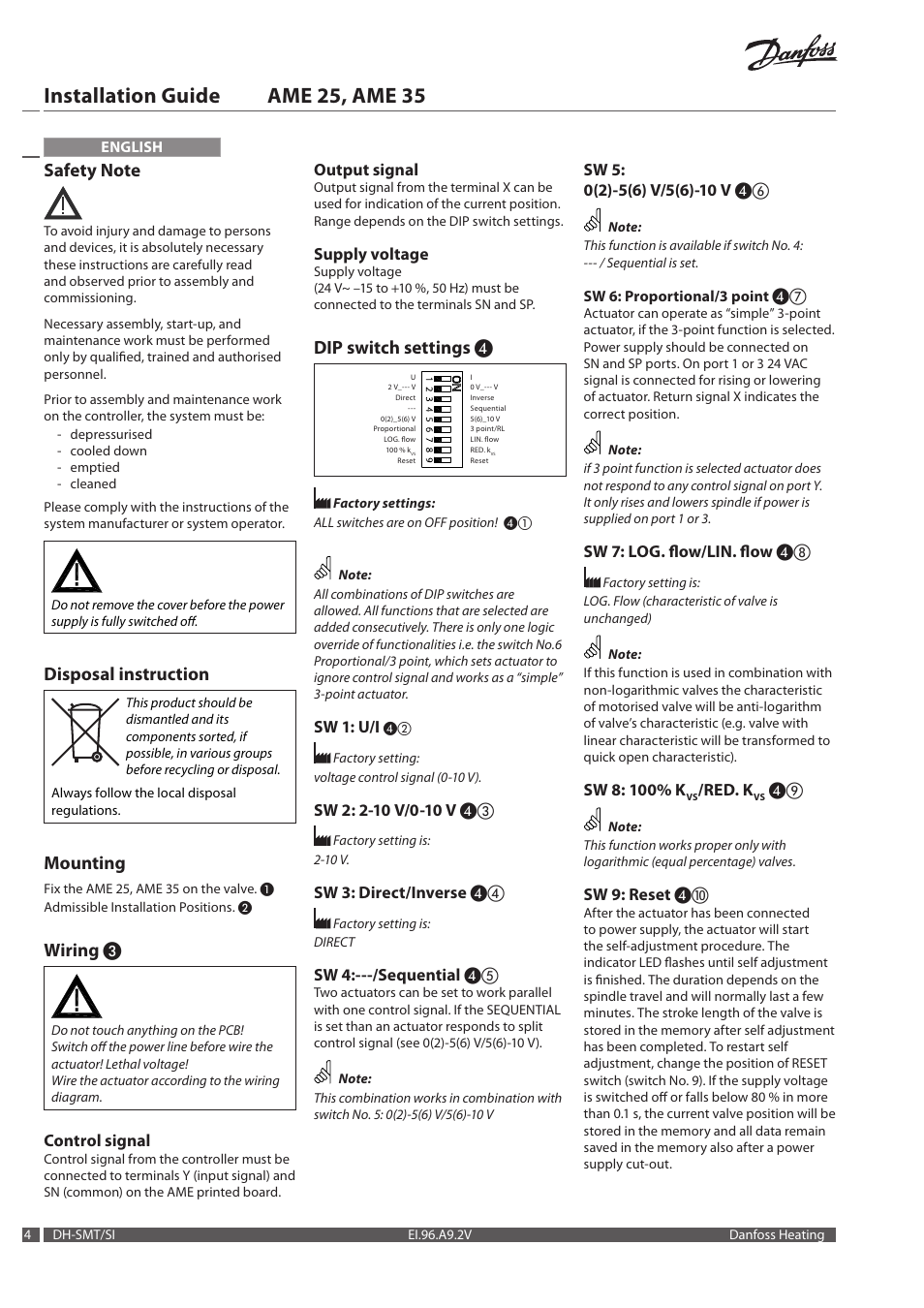 Installation guide ame 25, ame 35, Disposal instruction, Mounting | Wiring, Dip switch settings, Control signal, Output signal, Supply voltage, Sw 1: u/i, Sw 3: direct/inverse | Danfoss AME 35 User Manual | Page 4 / 28