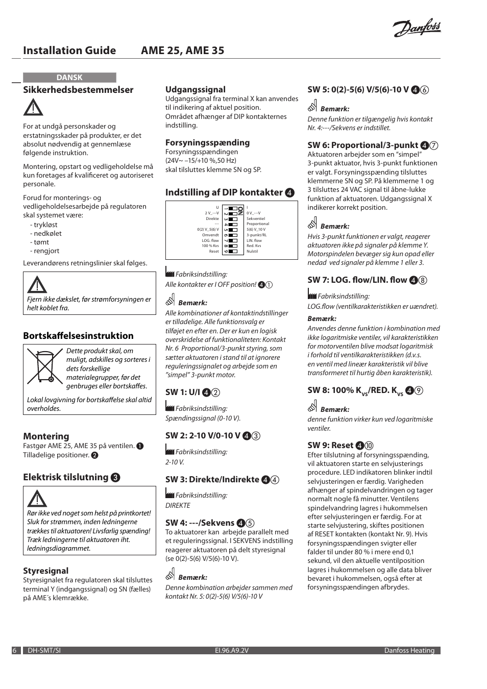 Installation guide ame 25, ame 35, Sikkerhedsbestemmelser, Bortskaffelsesinstruktion | Montering, Elektrisk tilslutning, Indstilling af dip kontakter | Danfoss AME 35 User Manual | Page 6 / 28