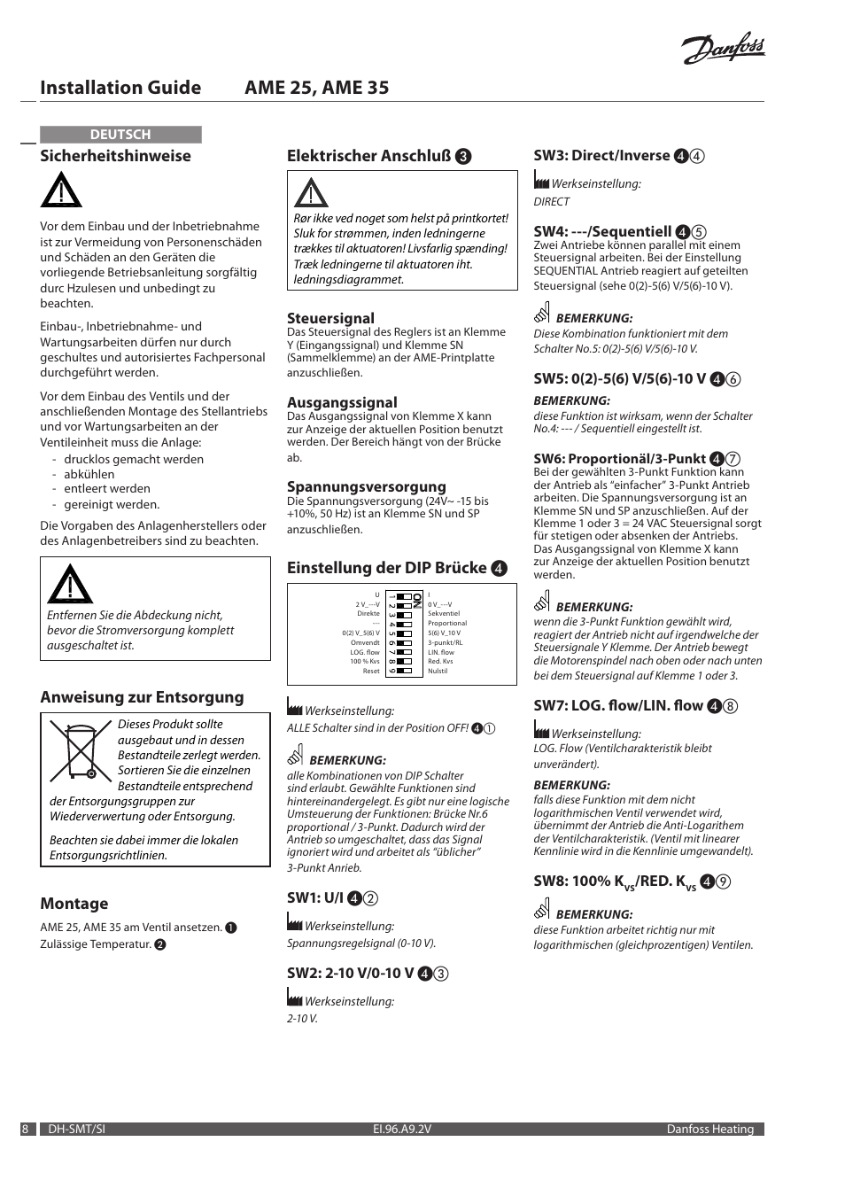 Installation guide ame 25, ame 35, Sicherheitshinweise, Anweisung zur entsorgung | Montage, Elektrischer anschluß, Einstellung der dip brücke, Steuersignal, Ausgangssignal, Spannungsversorgung, Sw1: u/i | Danfoss AME 35 User Manual | Page 8 / 28
