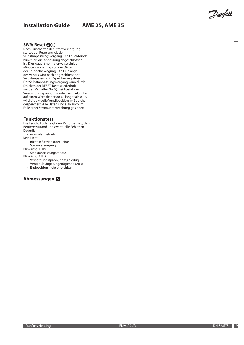 Installation guide ame 25, ame 35, Funktionstest, Abmessungen | Danfoss AME 35 User Manual | Page 9 / 28