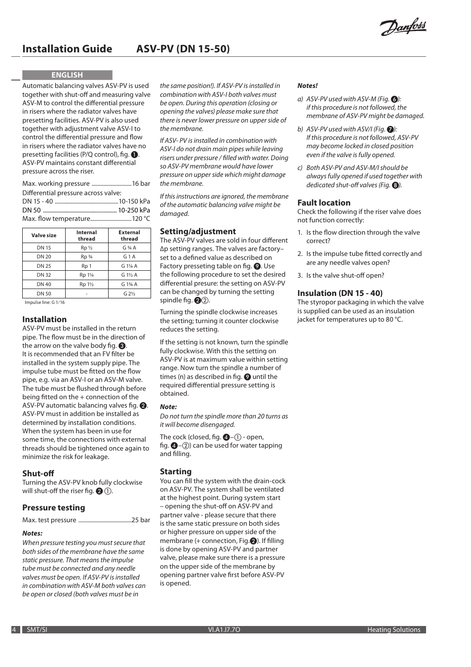 Installation guide asv‑pv (dn 15‑50), Installation, Shut‑off | Pressure testing, Setting/adjustment, Starting, Fault location, Insulation (dn 15 ‑ 40) | Danfoss ASV-PV DN 15-50 (P) User Manual | Page 4 / 8