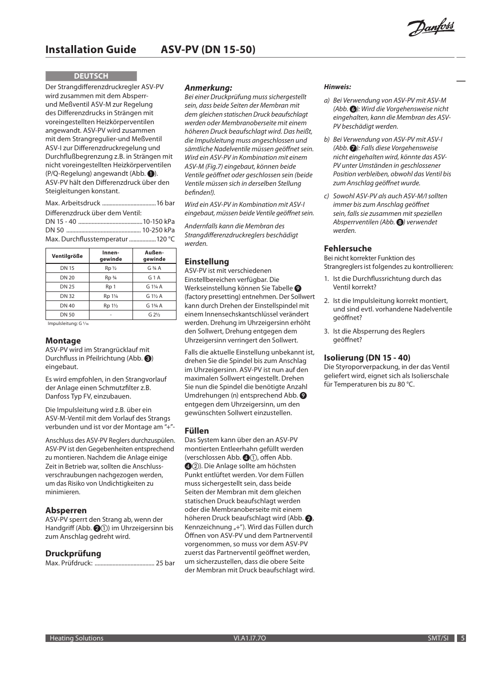 Installation guide asv‑pv (dn 15‑50), Montage, Absperren | Druckprüfung, Anmerkung, Einstellung, Füllen, Fehlersuche, Isolierung (dn 15 ‑ 40) | Danfoss ASV-PV DN 15-50 (P) User Manual | Page 5 / 8