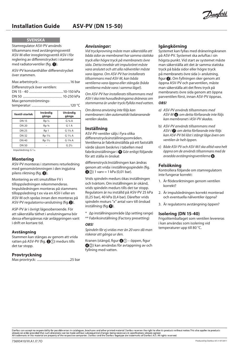 Installation guide asv‑pv (dn 15‑50), Montering, Provtryckning | Anvisningar, Inställning, Igångkörning, Felsökning, Isolering (dn 15‑40) | Danfoss ASV-PV DN 15-50 (P) User Manual | Page 8 / 8