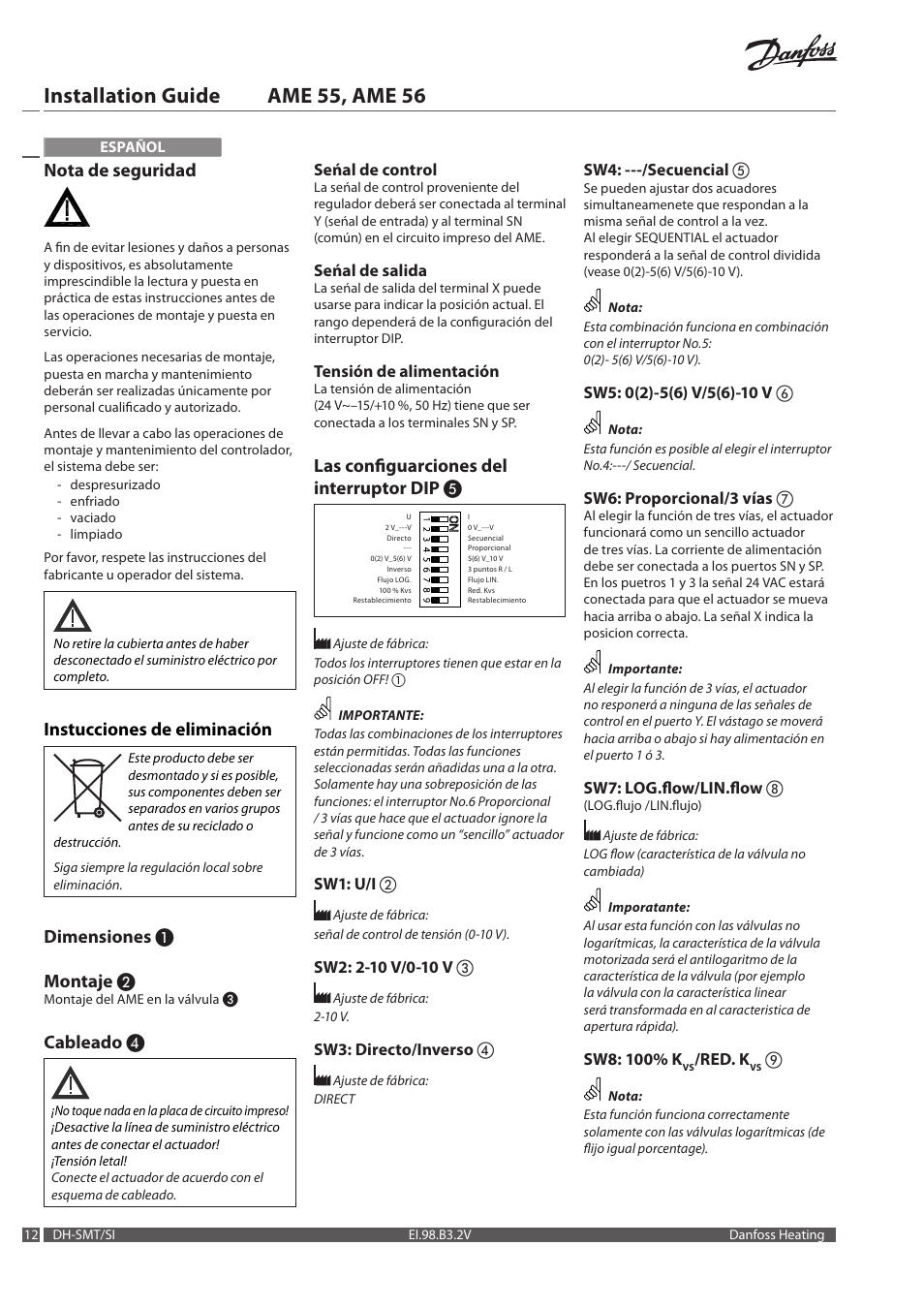 Installation guide ame 55, ame 56, Nota de seguridad, Instucciones de eliminación | Dimensiones ❶ montaje, Cableado, Las configuarciones del interruptor dip | Danfoss AME 56 User Manual | Page 12 / 28