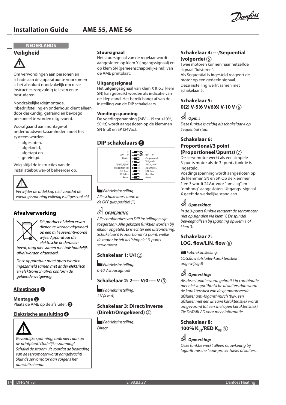 Installation guide ame 55, ame 56, Veiligheid, Afvalverwerking | Dip schakelaars | Danfoss AME 56 User Manual | Page 14 / 28