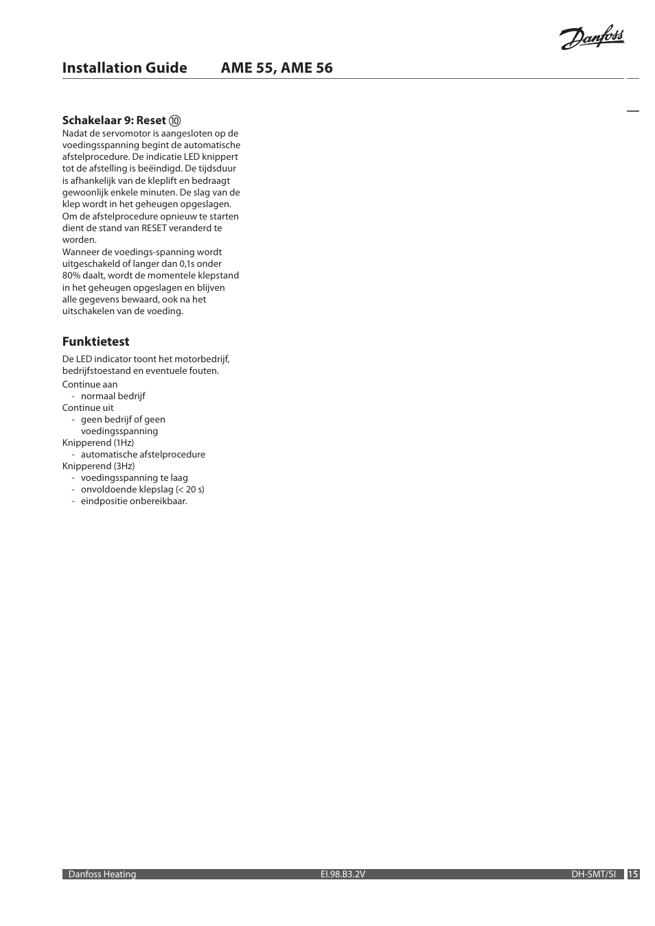 Installation guide ame 55, ame 56, Funktietest | Danfoss AME 56 User Manual | Page 15 / 28