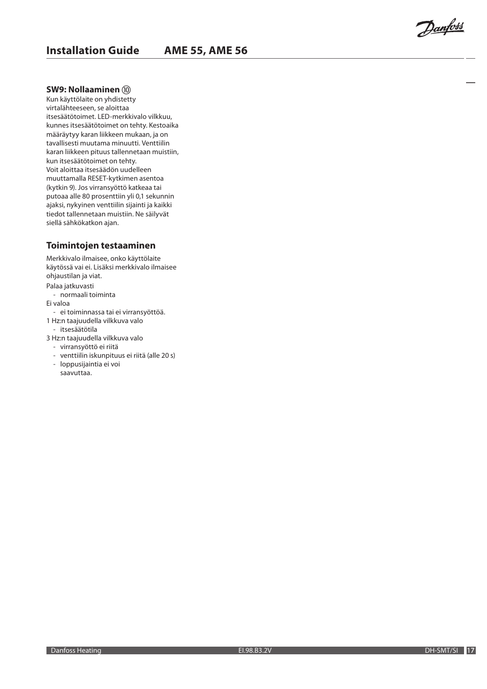 Installation guide ame 55, ame 56, Toimintojen testaaminen | Danfoss AME 56 User Manual | Page 17 / 28