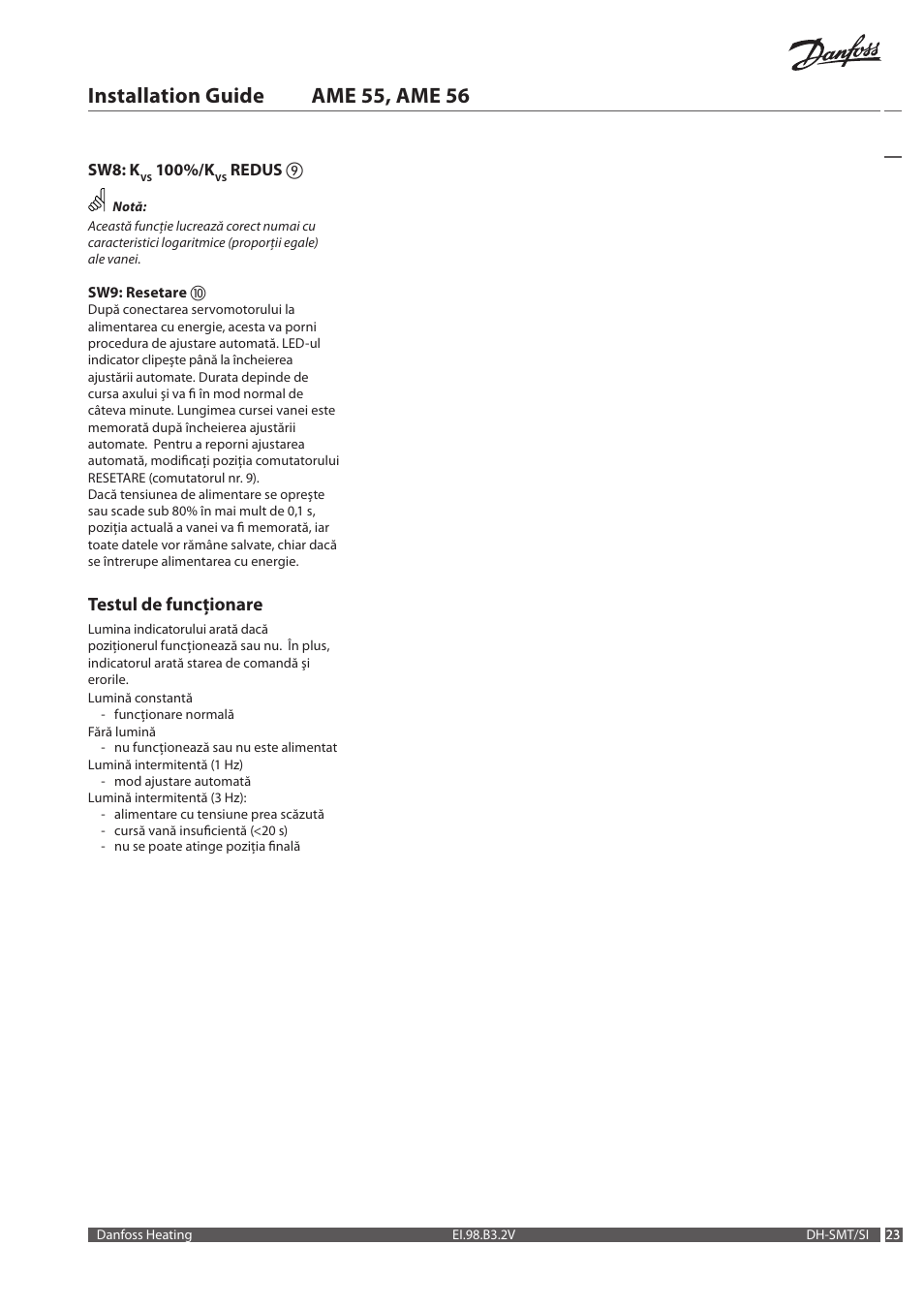 Installation guide ame 55, ame 56, Testul de funcţionare | Danfoss AME 56 User Manual | Page 23 / 28