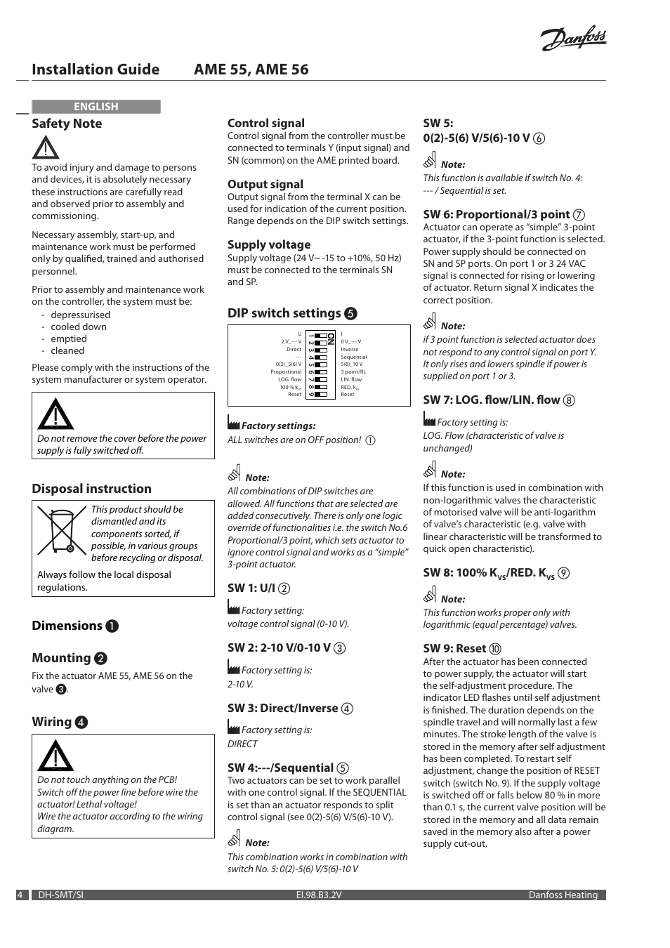 Installation guide ame 55, ame 56, Disposal instruction, Dimensions ❶ mounting | Wiring, Dip switch settings | Danfoss AME 56 User Manual | Page 4 / 28