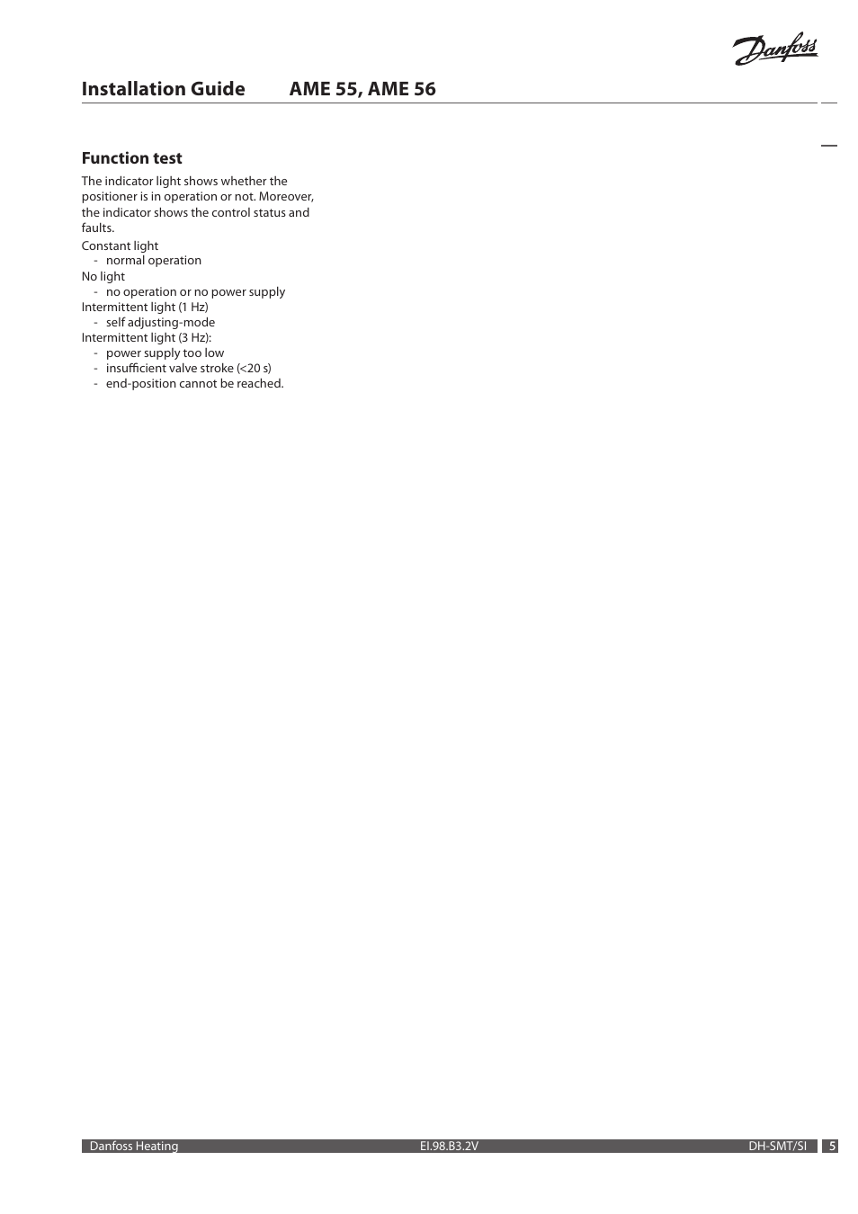 Installation guide ame 55, ame 56, Function test | Danfoss AME 56 User Manual | Page 5 / 28
