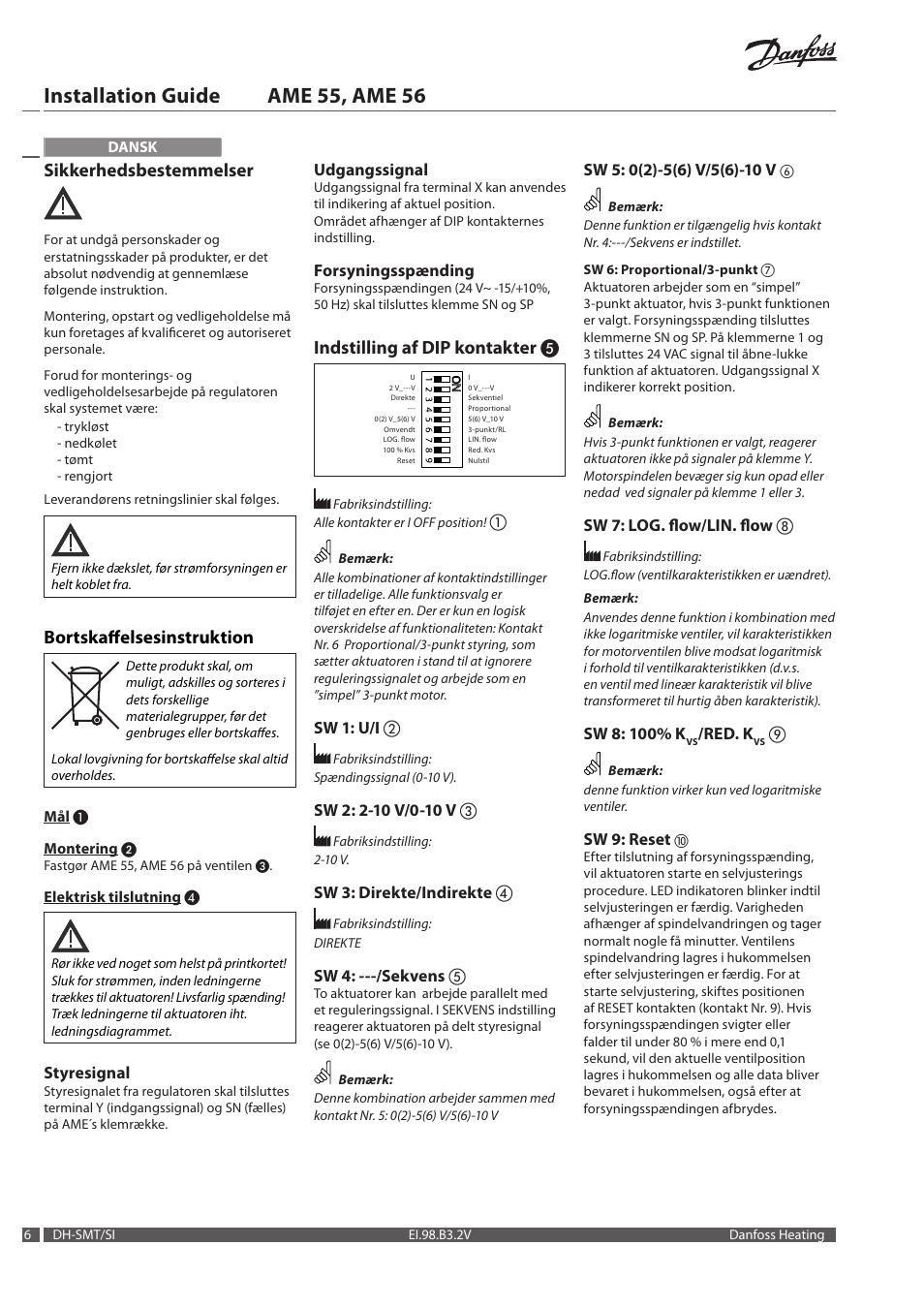 Installation guide ame 55, ame 56, Sikkerhedsbestemmelser, Bortskaffelsesinstruktion | Indstilling af dip kontakter | Danfoss AME 56 User Manual | Page 6 / 28