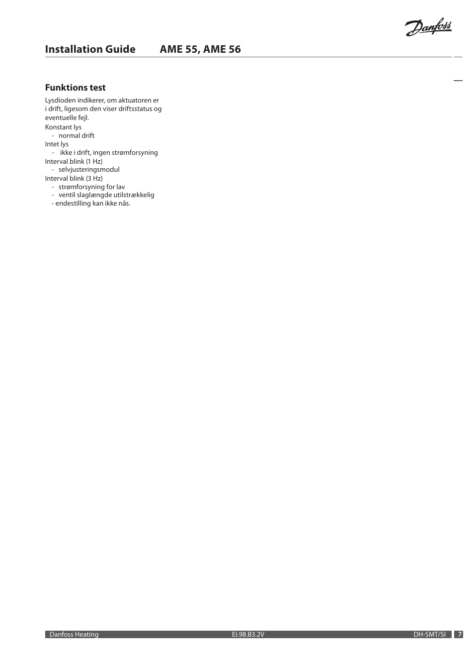 Installation guide ame 55, ame 56, Funktions test | Danfoss AME 56 User Manual | Page 7 / 28