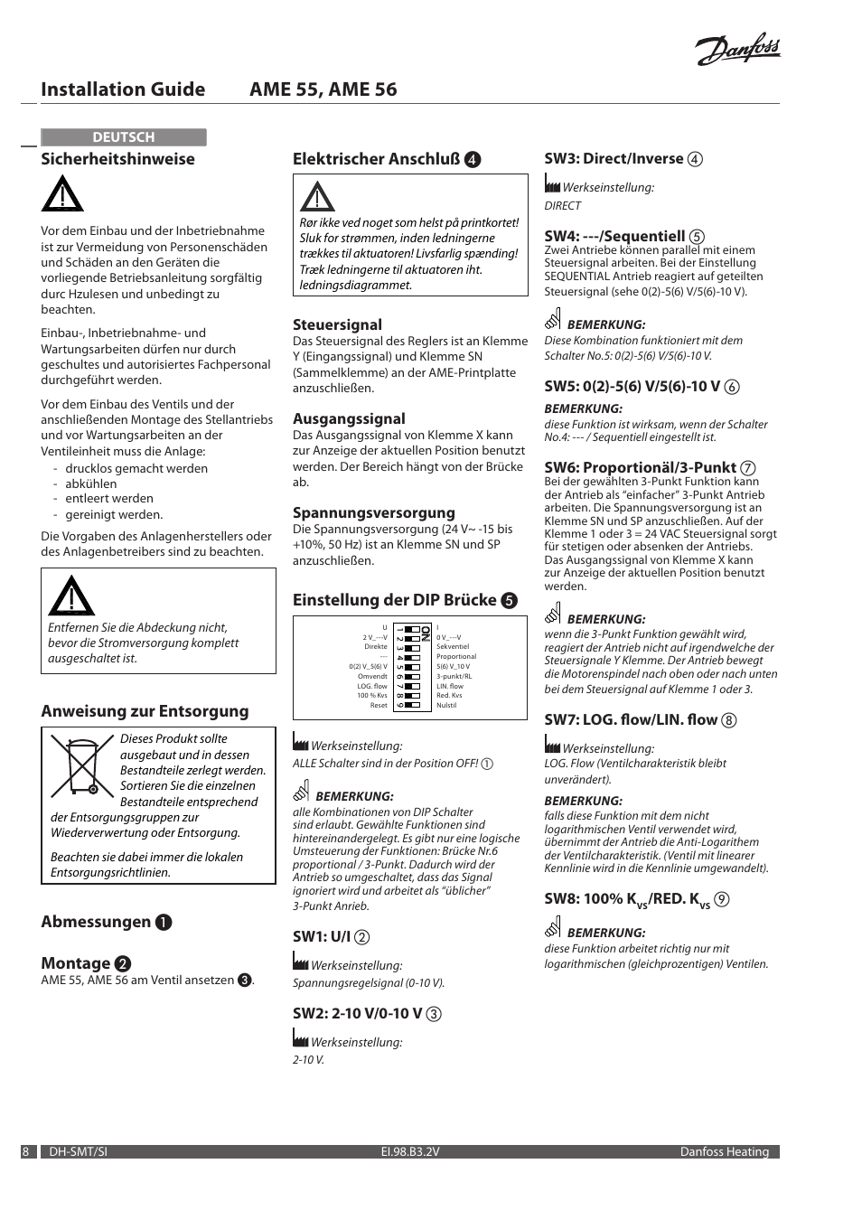Installation guide ame 55, ame 56, Sicherheitshinweise, Anweisung zur entsorgung | Abmessungen ❶ montage, Elektrischer anschluß, Einstellung der dip brücke | Danfoss AME 56 User Manual | Page 8 / 28