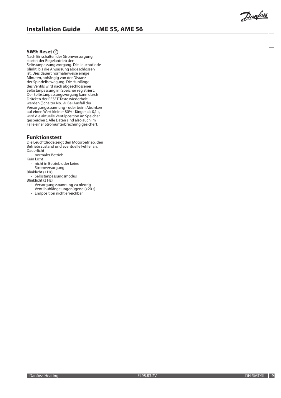 Installation guide ame 55, ame 56, Funktionstest | Danfoss AME 56 User Manual | Page 9 / 28