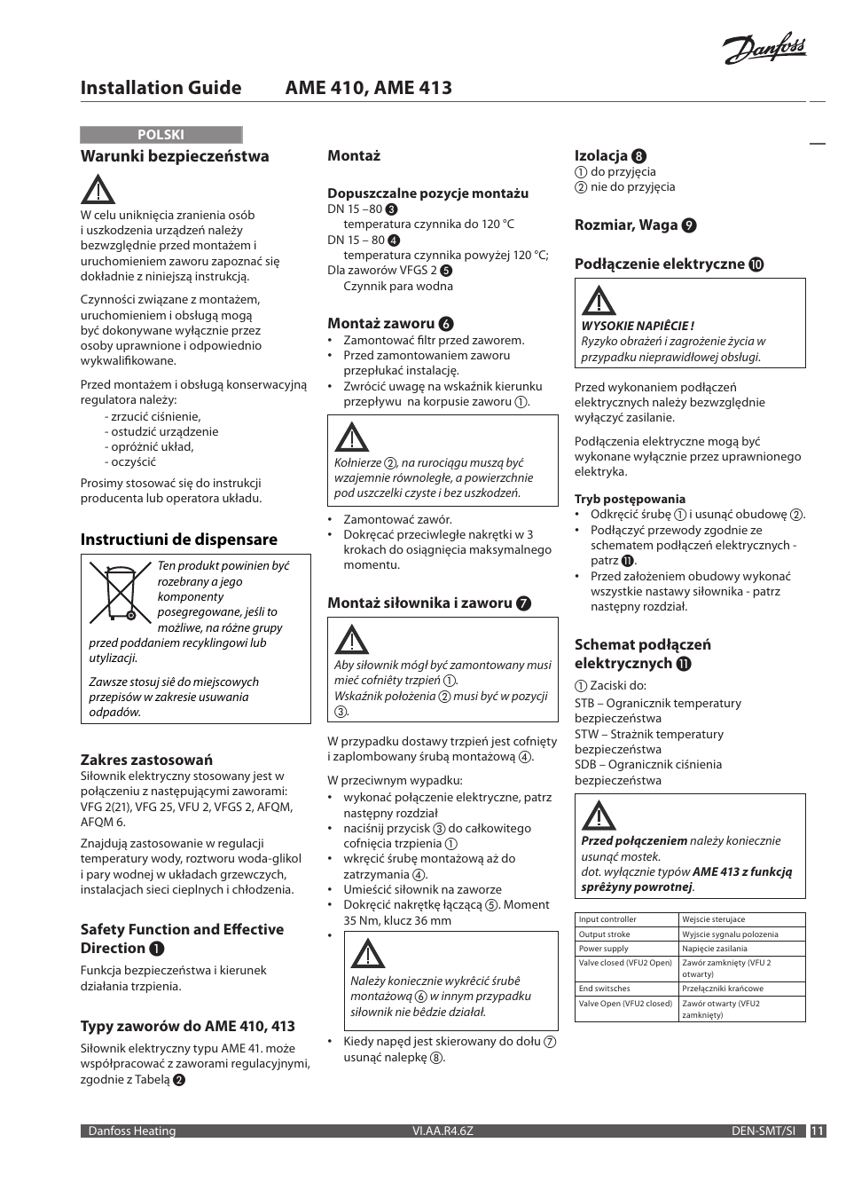 Warunki bezpieczeństwa, Instructiuni de dispensare | Danfoss AME 413 User Manual | Page 11 / 20