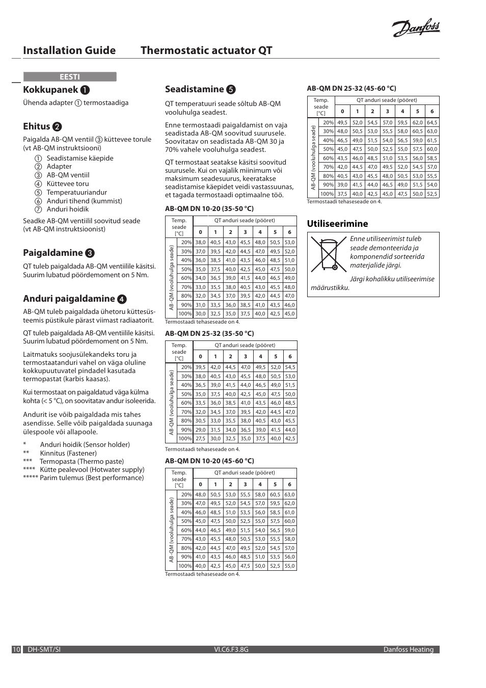 Installation guide thermostatic actuator qt, Kokkupanek, Ehitus | Paigaldamine, Anduri paigaldamine, Seadistamine, Utiliseerimine, Eesti | Danfoss Термостатический элемент QT User Manual | Page 10 / 16