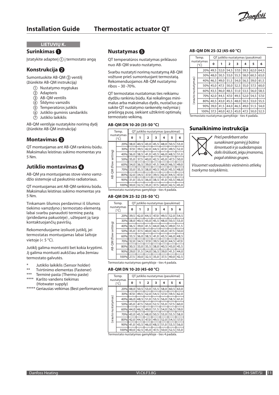 Installation guide thermostatic actuator qt, Surinkimas, Konstrukcija | Montavimas, Jutiklio montavimas, Nustatymas, Sunaikinimo instrukcija, Lietuvių k | Danfoss Термостатический элемент QT User Manual | Page 11 / 16