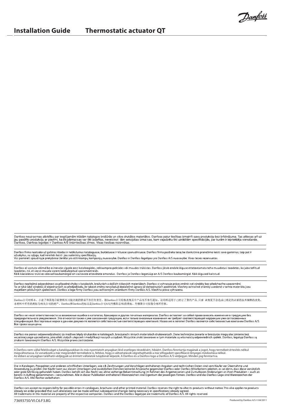 Installation guide thermostatic actuator qt, Danfoss kft | Danfoss Термостатический элемент QT User Manual | Page 16 / 16