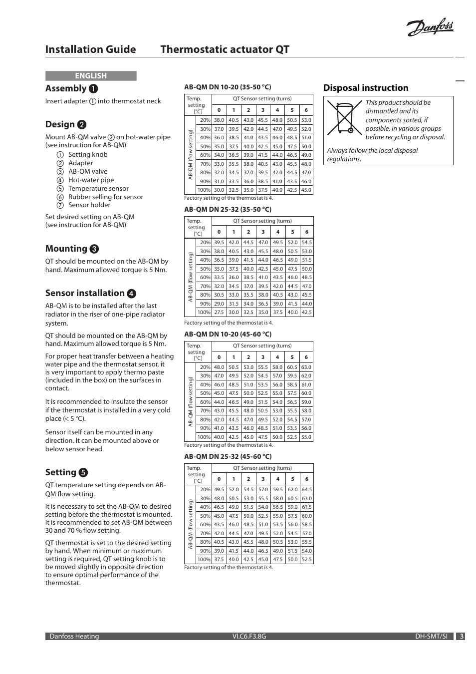 Installation guide thermostatic actuator qt, Assembly, Design | Mounting, Sensor installation, Setting, Disposal instruction, English | Danfoss Термостатический элемент QT User Manual | Page 3 / 16