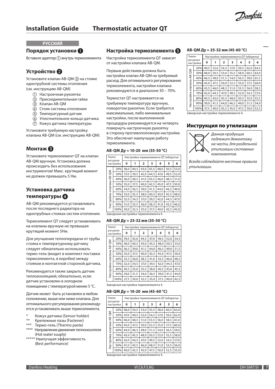 Installation guide thermostatic actuator qt, Порядок установки, Устройство | Монтаж, Установка датчика температуры, Настройка термоэлемента, Инструкция по утилизации, Русский | Danfoss Термостатический элемент QT User Manual | Page 7 / 16