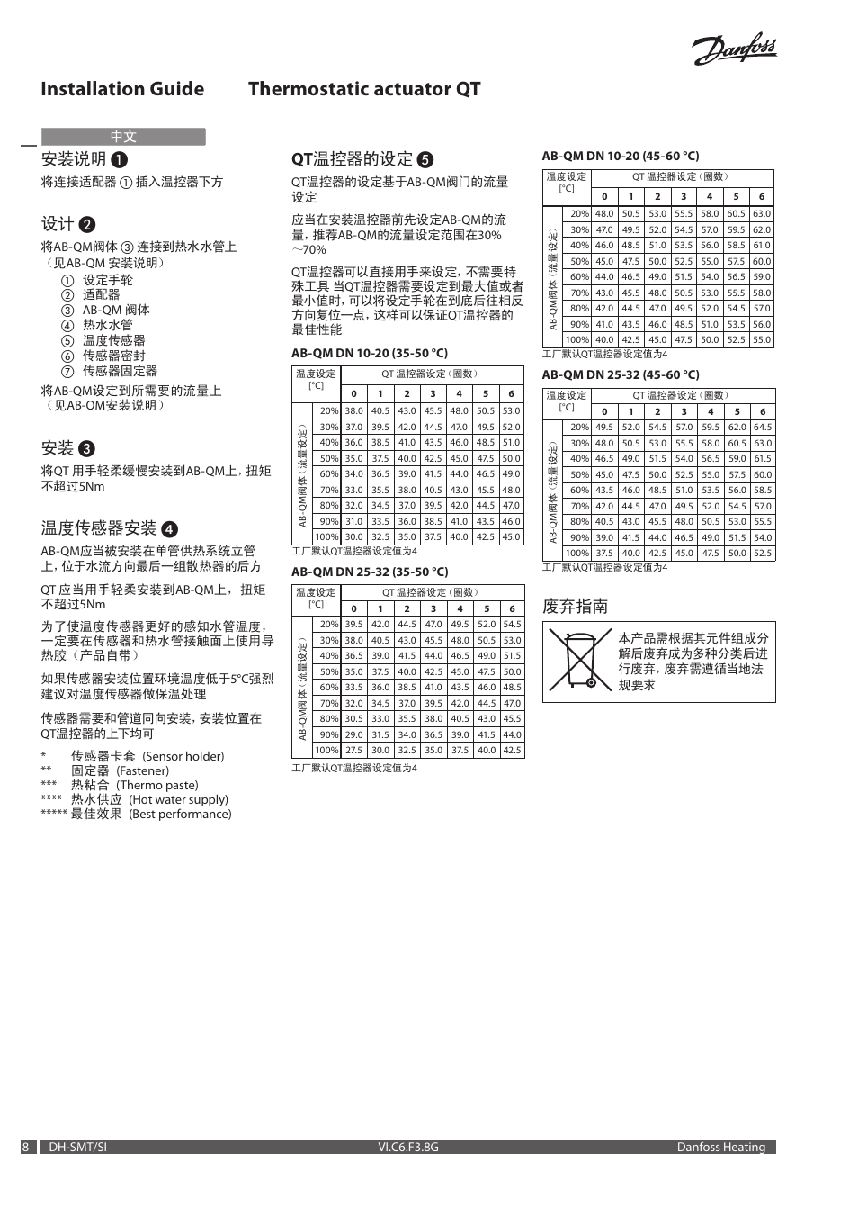 Installation guide thermostatic actuator qt, 安装说明, 温度传感器安装 | Qt 温控器的设定, 废弃指南 | Danfoss Термостатический элемент QT User Manual | Page 8 / 16