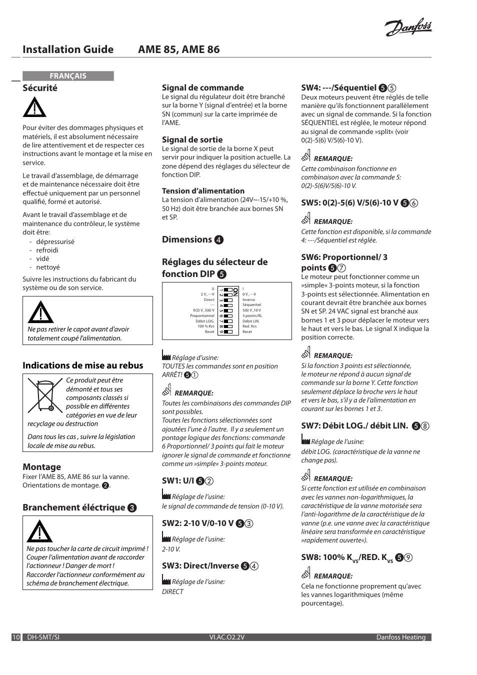 Installation guide ame 85, ame 86, Sécurité, Indications de mise au rebus | Montage, Branchement éléctrique, Dimensions ❹ réglages du sélecteur de fonction dip | Danfoss AME 86 User Manual | Page 10 / 24