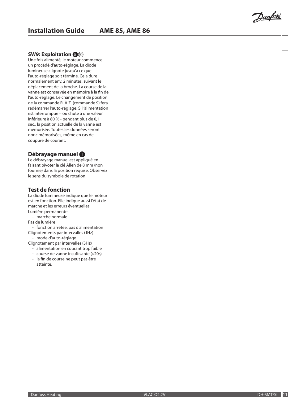 Installation guide ame 85, ame 86, Débrayage manuel, Test de fonction | Danfoss AME 86 User Manual | Page 11 / 24