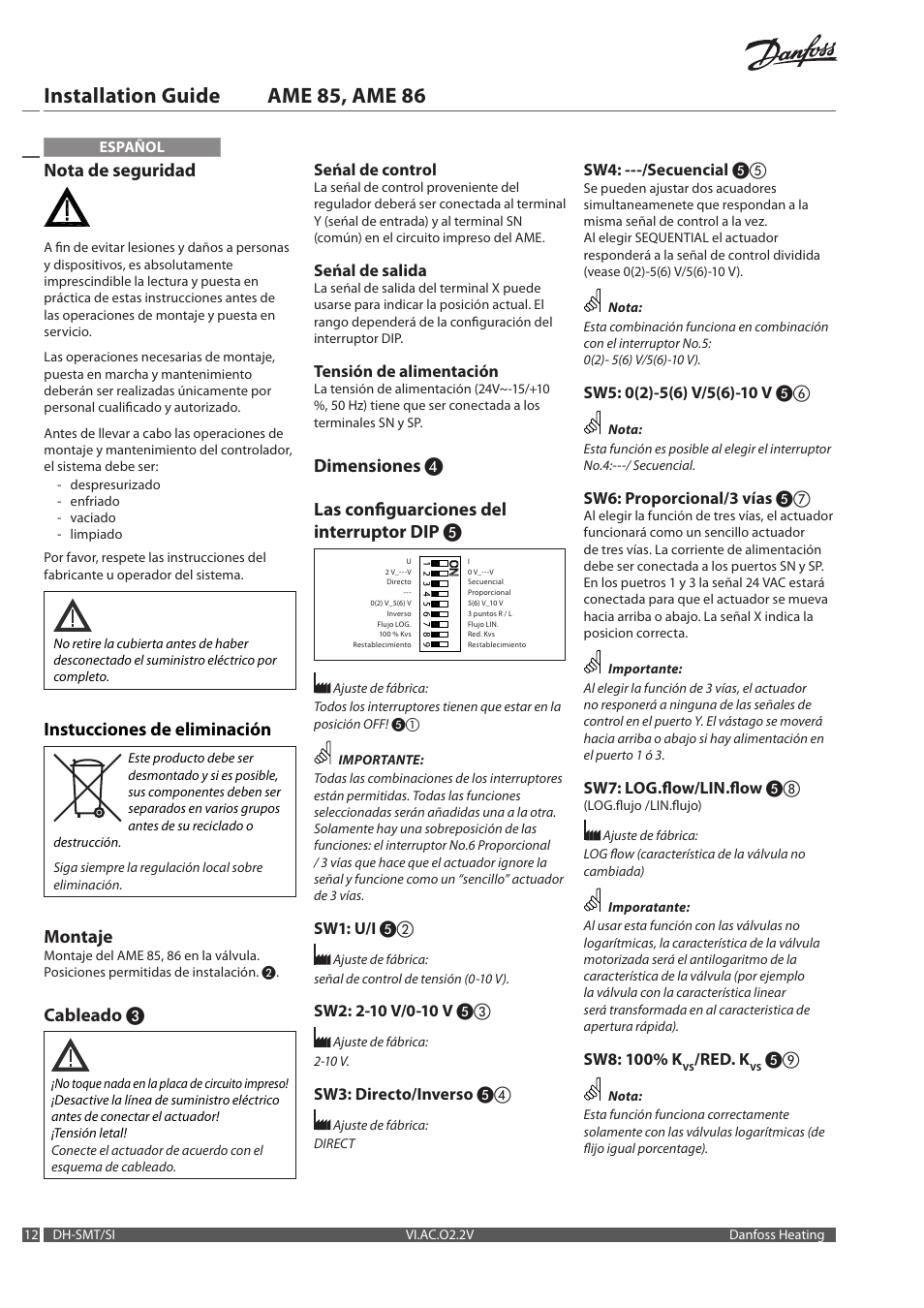 Installation guide ame 85, ame 86, Nota de seguridad, Instucciones de eliminación | Montaje, Cableado | Danfoss AME 86 User Manual | Page 12 / 24