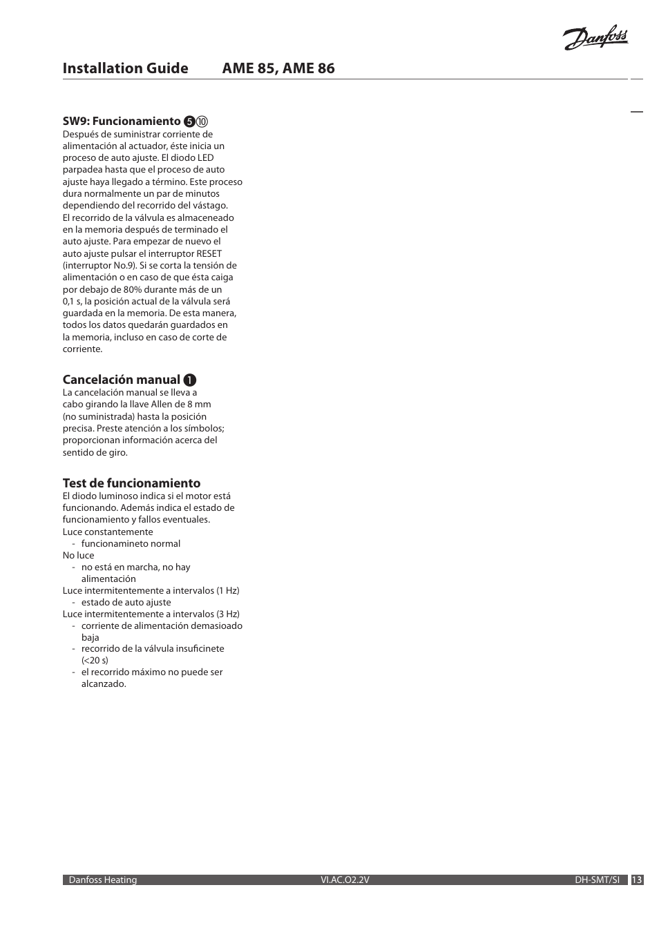 Installation guide ame 85, ame 86, Cancelación manual, Test de funcionamiento | Danfoss AME 86 User Manual | Page 13 / 24