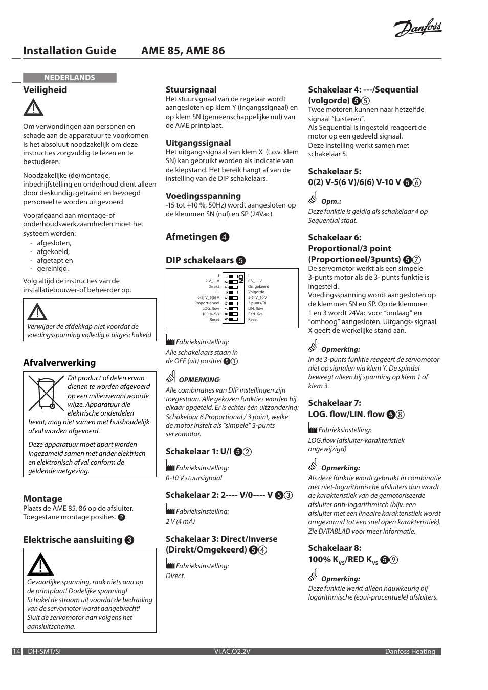 Installation guide ame 85, ame 86, Veiligheid, Afvalverwerking | Montage, Elektrische aansluiting, Afmetingen ❹ dip schakelaars | Danfoss AME 86 User Manual | Page 14 / 24