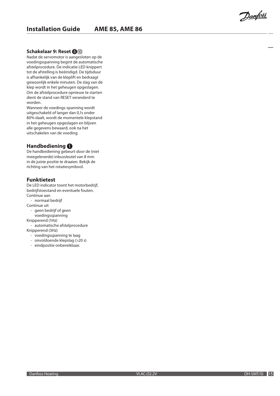 Installation guide ame 85, ame 86, Handbediening, Funktietest | Danfoss AME 86 User Manual | Page 15 / 24