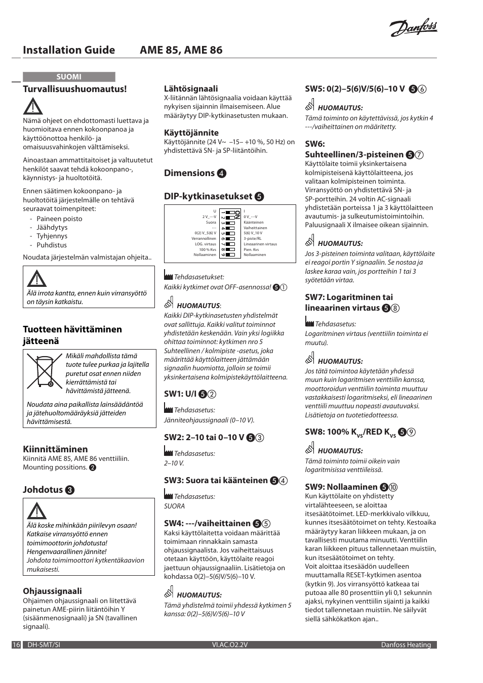 Installation guide ame 85, ame 86, Turvallisuushuomautus, Tuotteen hävittäminen jätteenä | Kiinnittäminen, Johdotus, Dimensions ❹ dip-kytkinasetukset | Danfoss AME 86 User Manual | Page 16 / 24