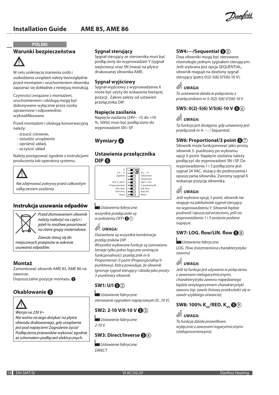 Installation guide ame 85, ame 86, Warunki bezpieczeństwa, Instrukcja usuwania odpadów | Montaż, Okablowanie, Wymiary ❹ ustawienia przełącznika dip | Danfoss AME 86 User Manual | Page 18 / 24