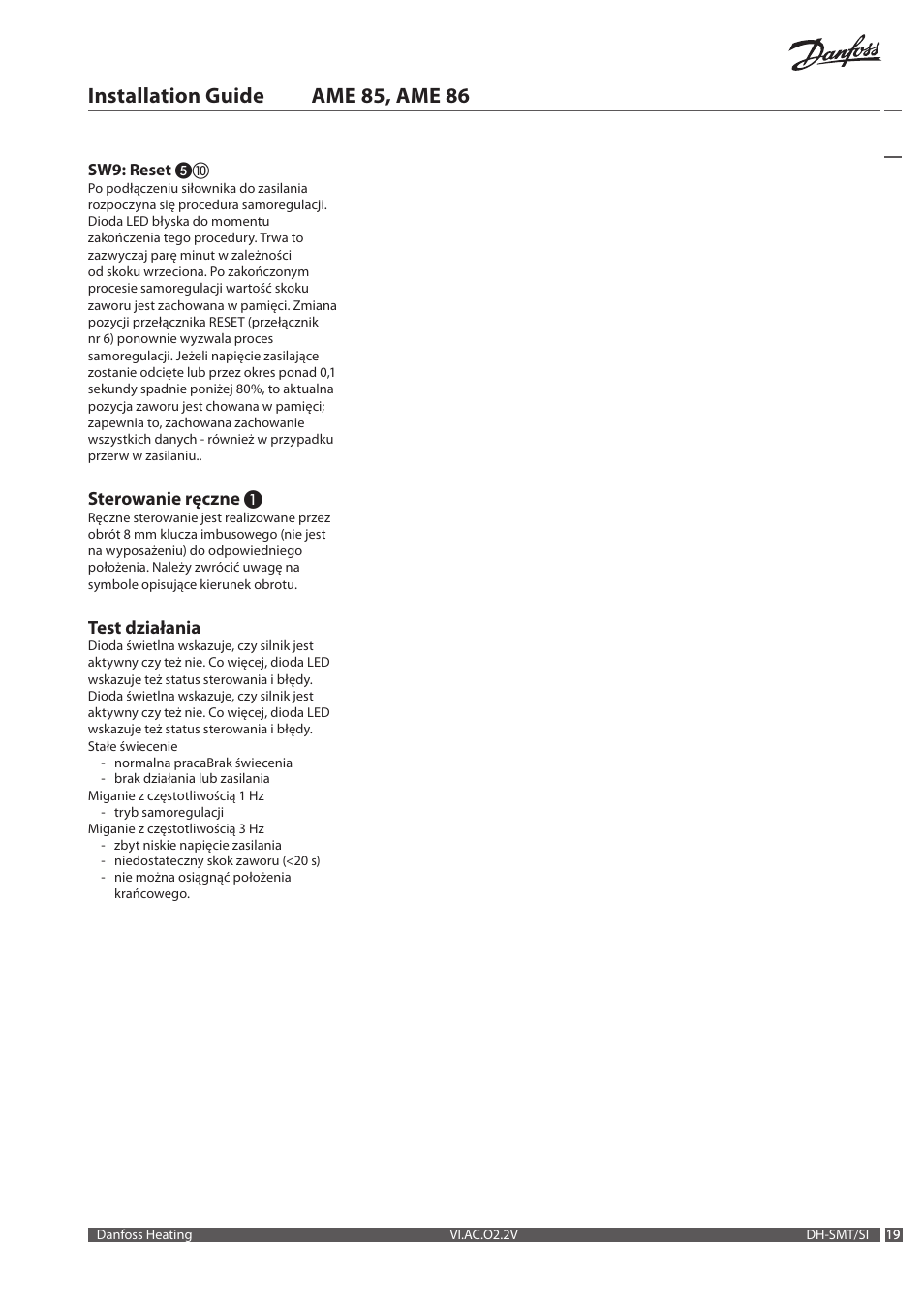 Installation guide ame 85, ame 86, Sterowanie ręczne, Test działania | Danfoss AME 86 User Manual | Page 19 / 24