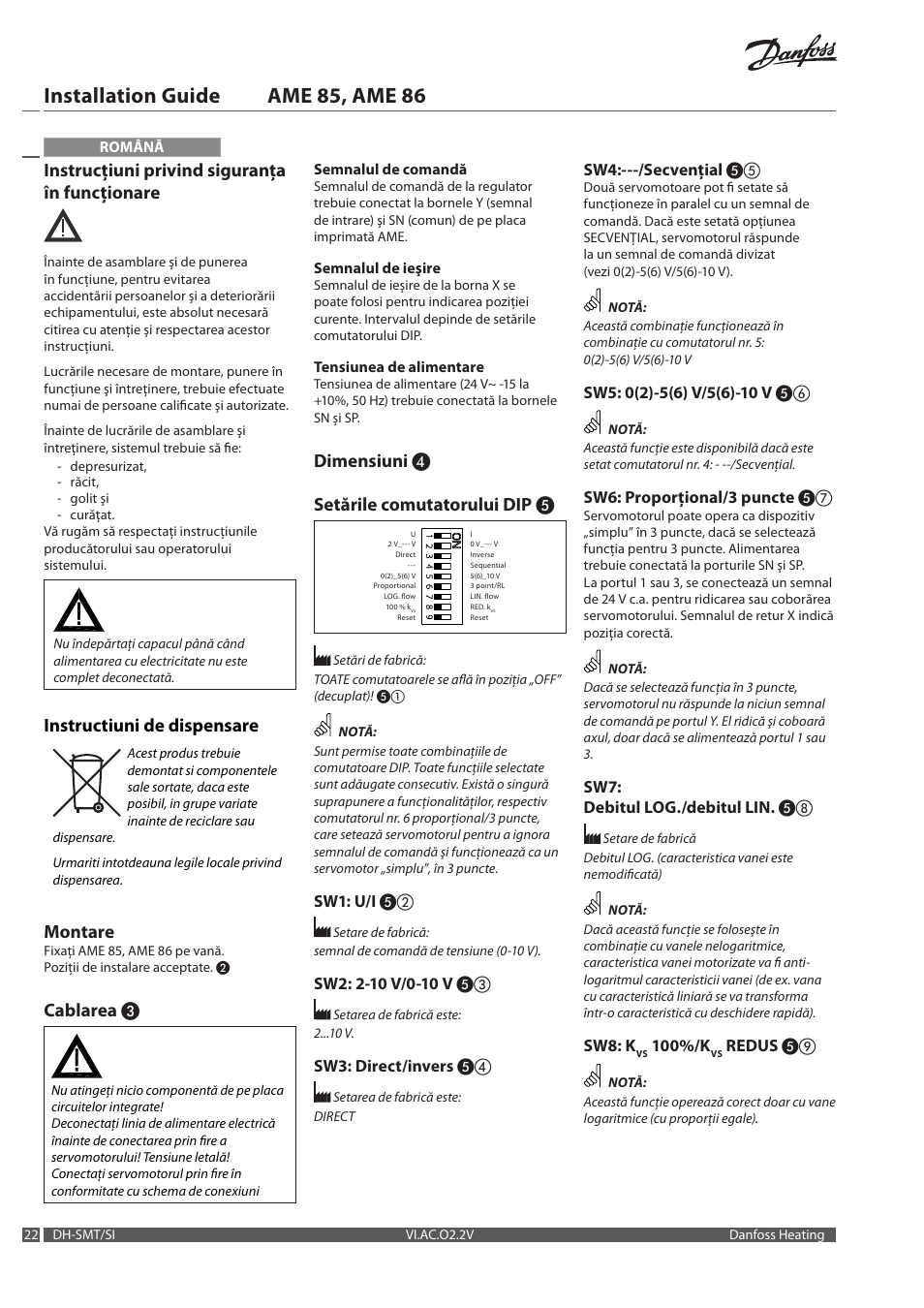 Installation guide ame 85, ame 86, Instrucţiuni privind siguranţa în funcţionare, Instructiuni de dispensare | Montare, Cablarea, Dimensiuni ❹ setările comutatorului dip | Danfoss AME 86 User Manual | Page 22 / 24