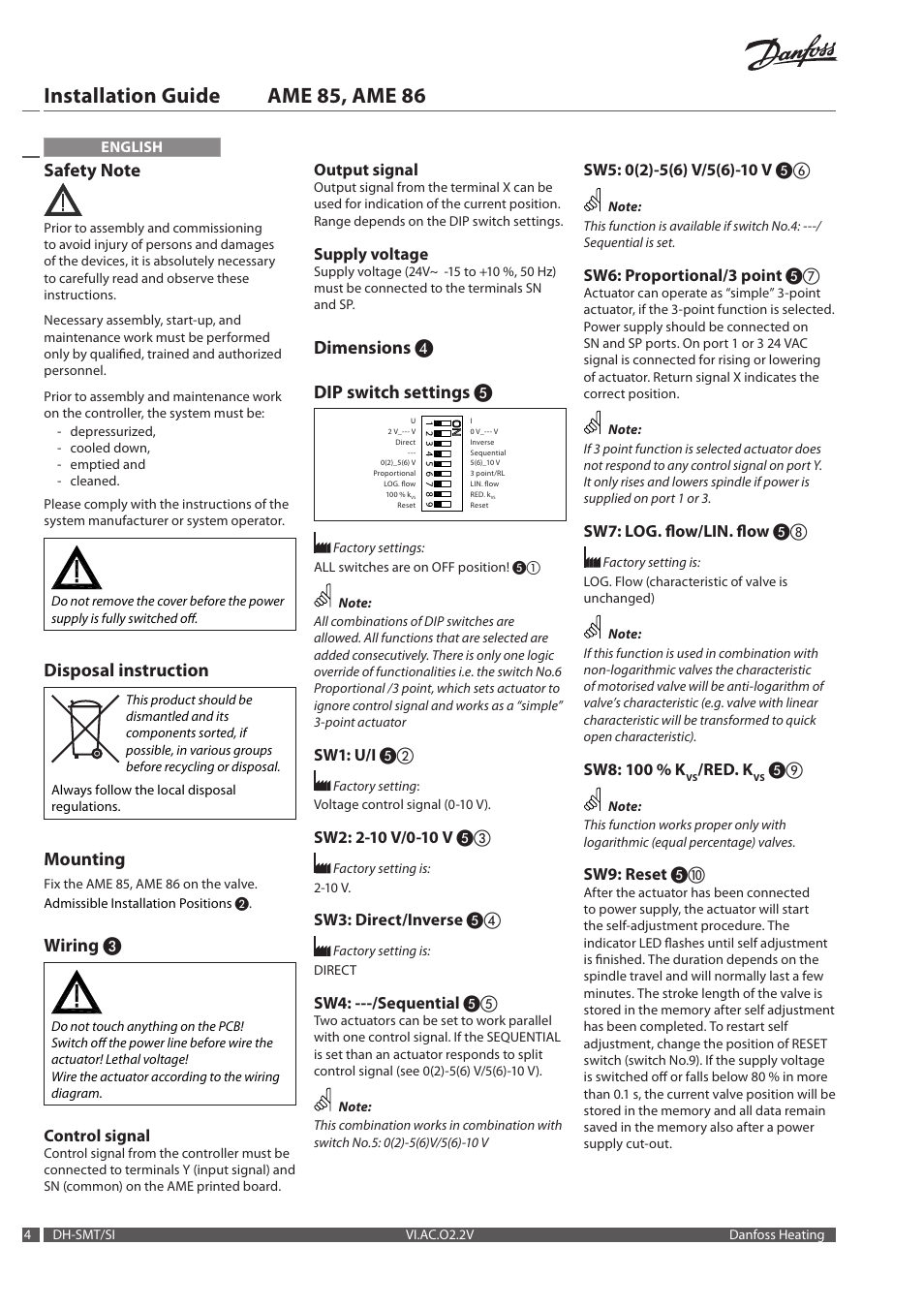 Installation guide ame 85, ame 86, Disposal instruction, Mounting | Wiring, Dimensions ❹ dip switch settings | Danfoss AME 86 User Manual | Page 4 / 24