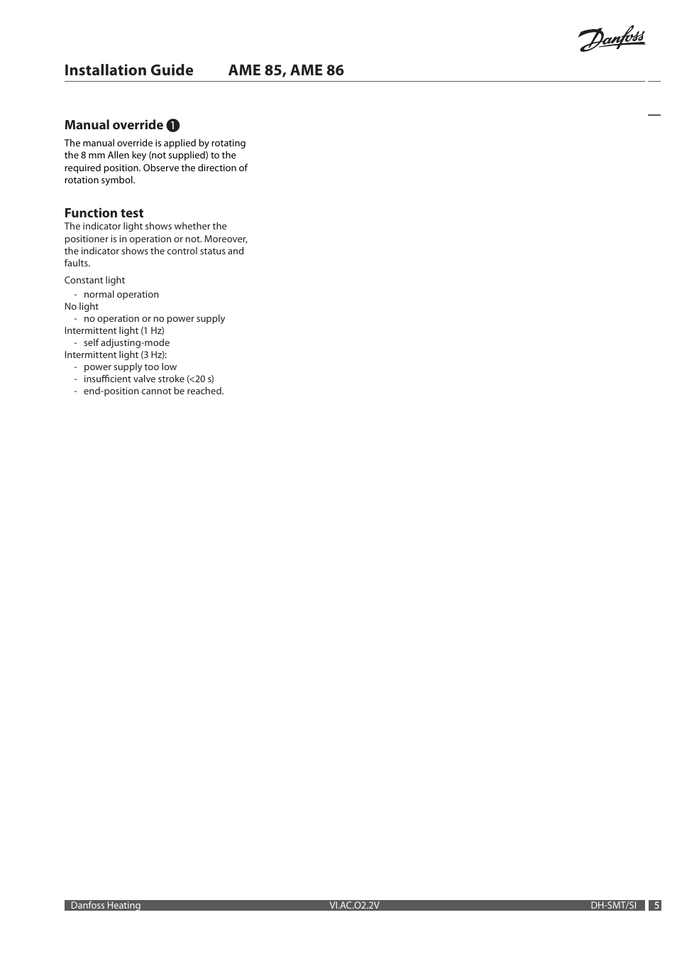 Installation guide ame 85, ame 86, Manual override, Function test | Danfoss AME 86 User Manual | Page 5 / 24