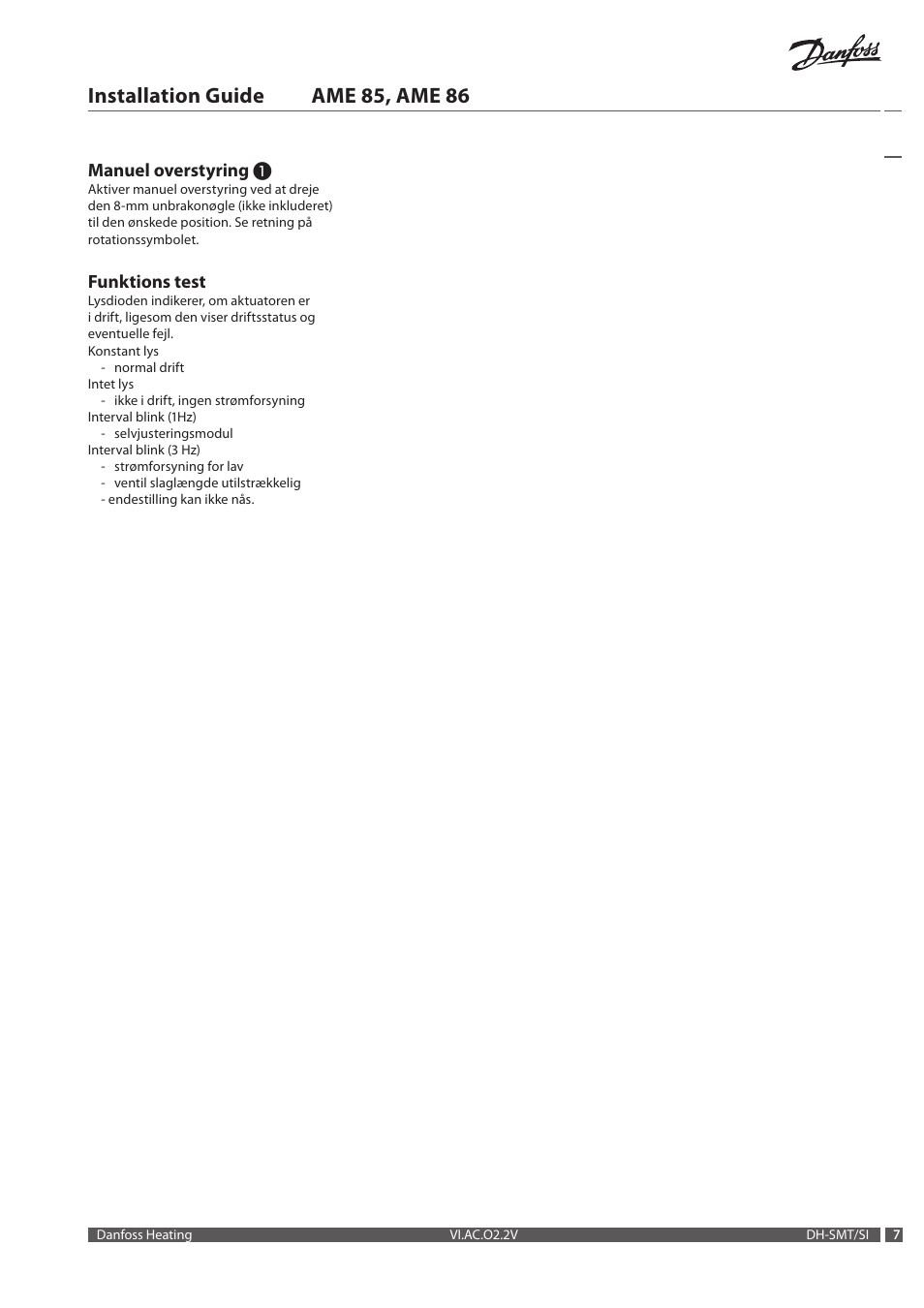 Installation guide ame 85, ame 86, Manuel overstyring, Funktions test | Danfoss AME 86 User Manual | Page 7 / 24