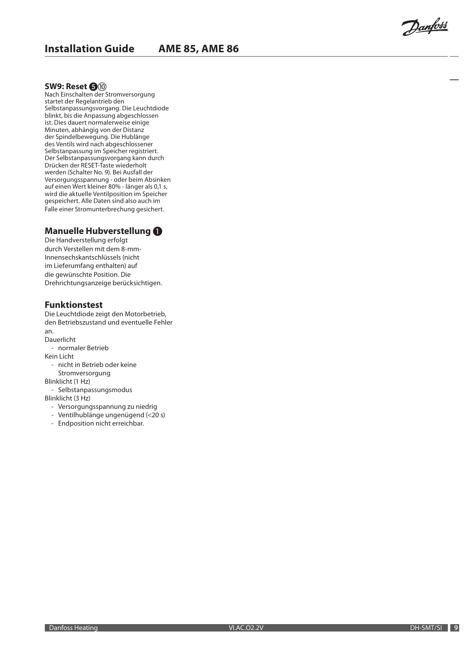 Installation guide ame 85, ame 86, Manuelle hubverstellung, Funktionstest | Danfoss AME 86 User Manual | Page 9 / 24