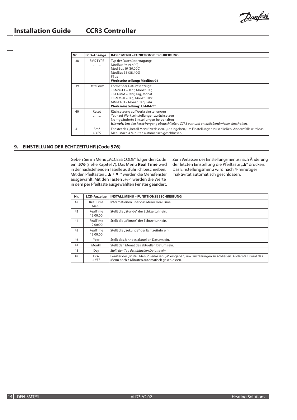 Installation guide ccr3 controller, Einstellung der echtzeituhr (code 576) | Danfoss CCR3 Controller User Manual | Page 14 / 22
