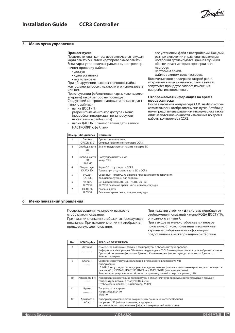 Installation guide ccr3 controller, Меню пуска управления, Меню показаний управления | Danfoss CCR3 Controller User Manual | Page 17 / 22